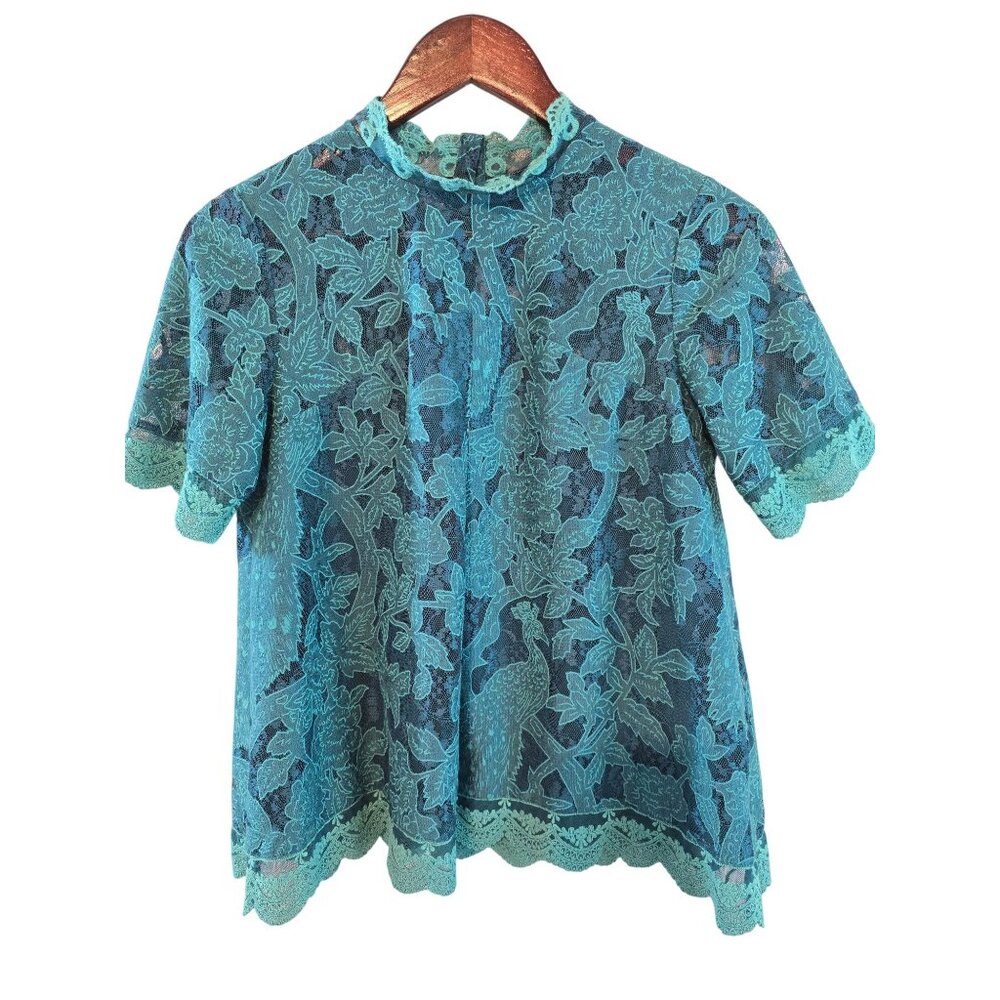 HD In Paris Teal Peacock lace Meadow Short Sleeve Top Scalloped Hem‎ Size 0